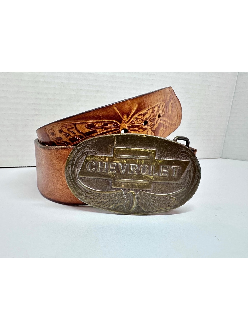 Vintage Chevrolet Brass Buckle Genuine Leather Belt